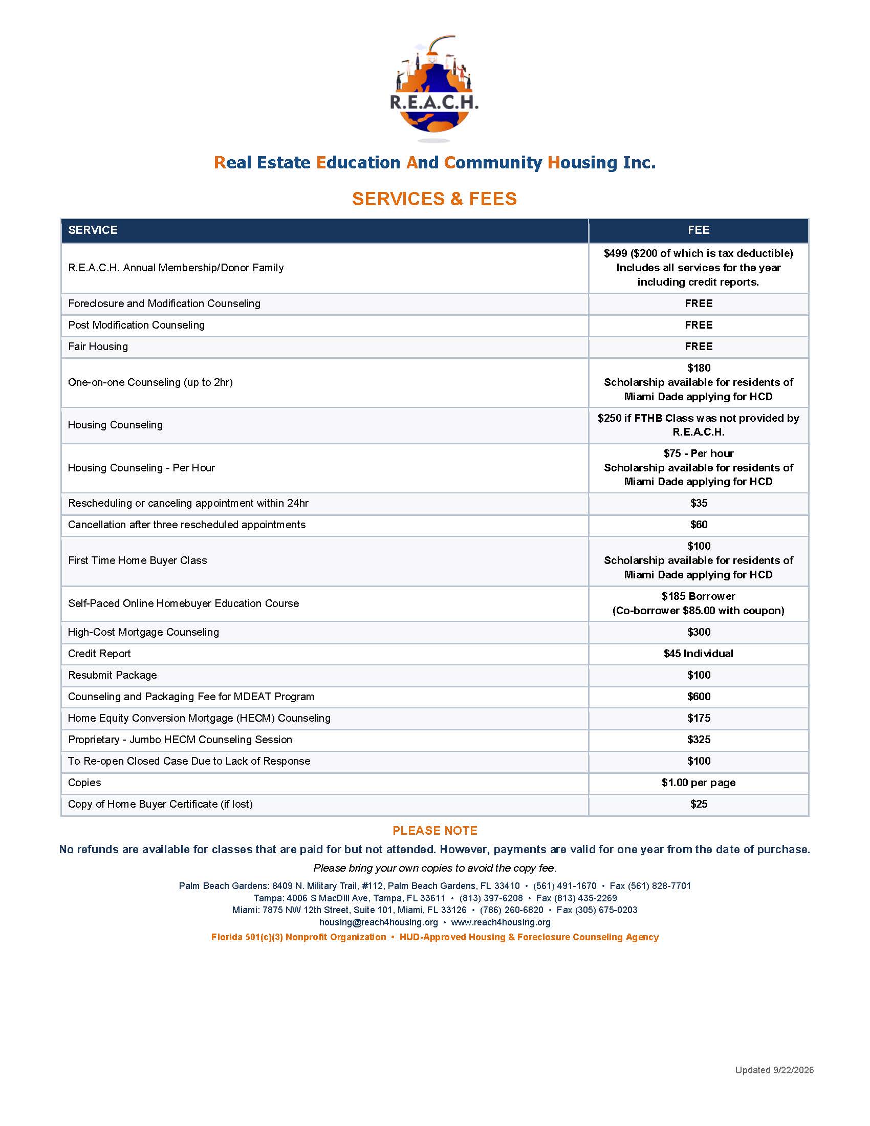 Reach4Housing Payment and Fees